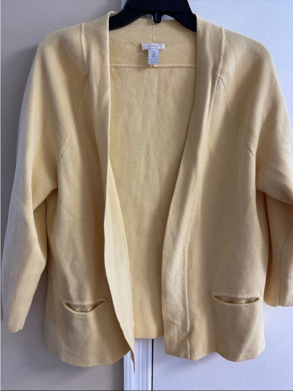 Chico’s Soft Pale Yellow Open-Front Cardigan cotton Large